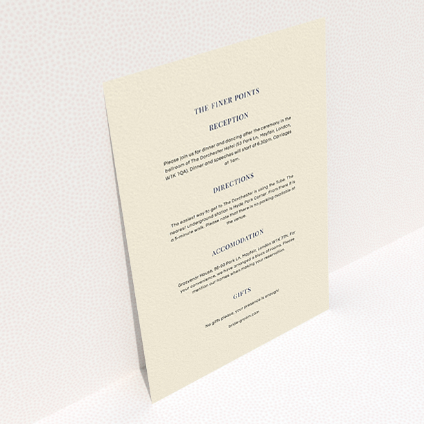 A wedding info sheet template titled "Classic face". It is an A6 card in a portrait orientation. "Classic face" is available as a flat card, with mainly cream colouring.