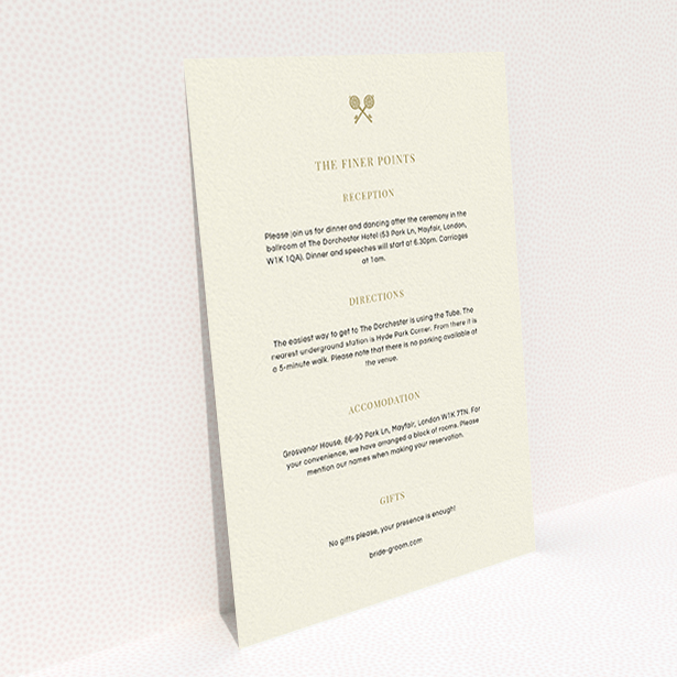 A wedding info sheet design named "Cross Keys". It is an A6 card in a portrait orientation. "Cross Keys" is available as a flat card, with mainly cream colouring.