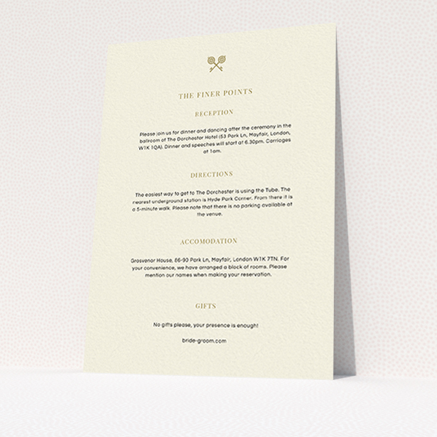A wedding info sheet design named "Cross Keys". It is an A6 card in a portrait orientation. "Cross Keys" is available as a flat card, with mainly cream colouring.