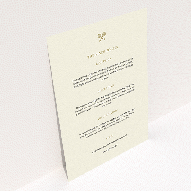 A wedding info sheet design named "Cross Keys". It is an A6 card in a portrait orientation. "Cross Keys" is available as a flat card, with mainly cream colouring.