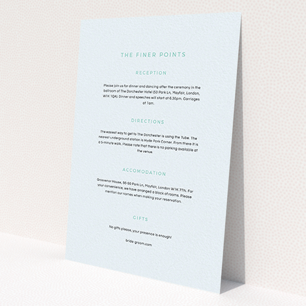 A wedding info sheet called 'My little penguin'. It is an A6 card in a portrait orientation. 'My little penguin' is available as a flat card, with mainly light blue colouring.