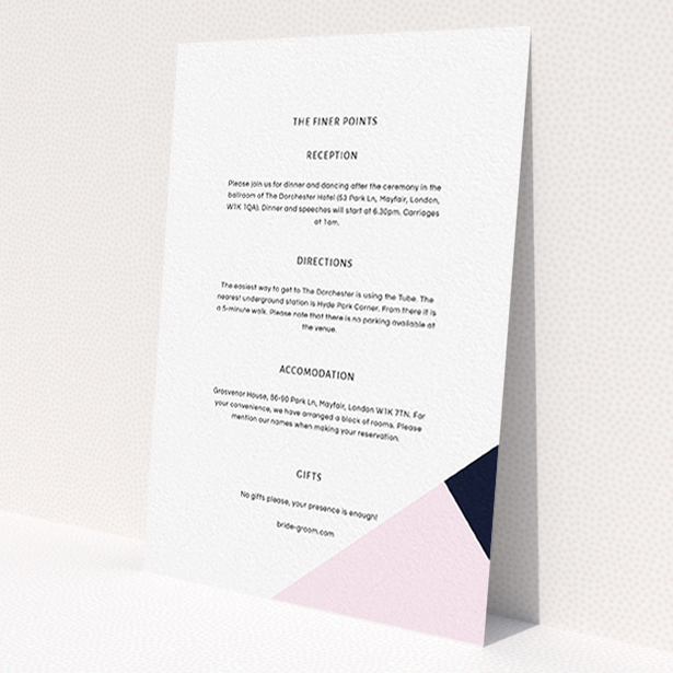 A wedding info sheet design named 'New York photos'. It is an A6 card in a portrait orientation. 'New York photos' is available as a flat card, with tones of white and pink.