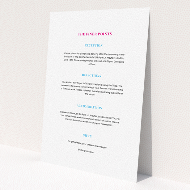 A wedding info sheet named 'North Star'. It is an A6 card in a portrait orientation. 'North Star' is available as a flat card, with mainly white colouring.