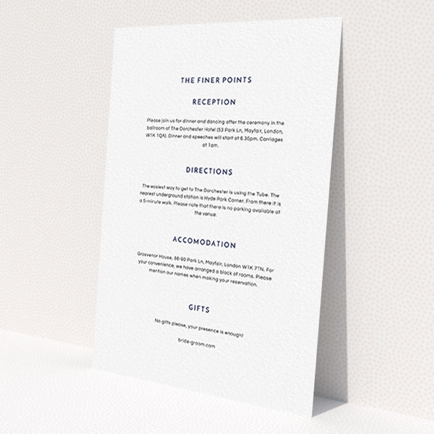 A wedding info sheet template titled 'Off and away'. It is an A6 card in a portrait orientation. 'Off and away' is available as a flat card, with mainly white colouring.