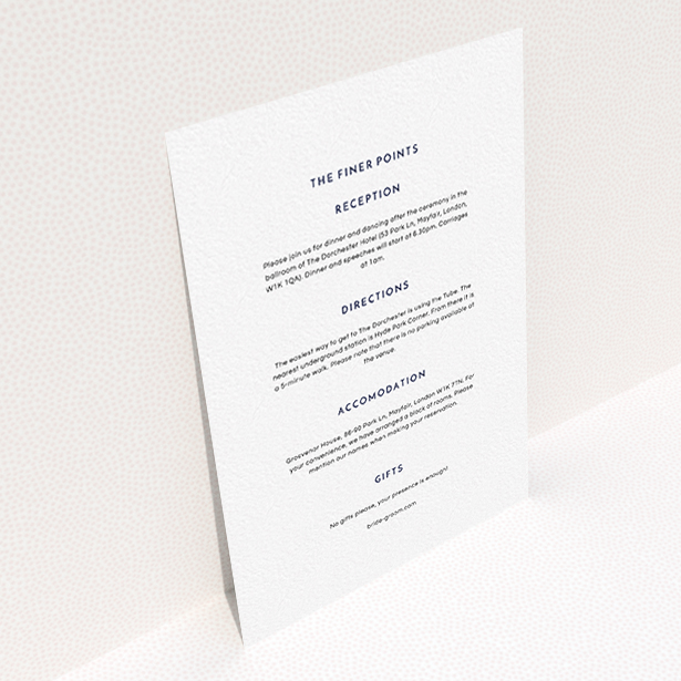 A wedding info sheet template titled "Off and away". It is an A6 card in a portrait orientation. "Off and away" is available as a flat card, with mainly white colouring.
