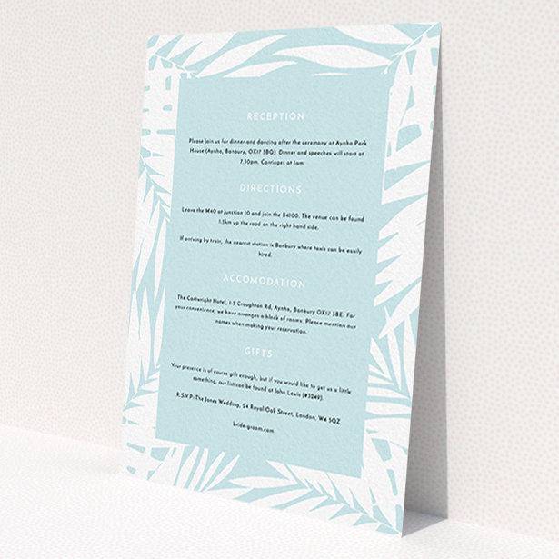 A wedding info sheet design called 'Pastel Jungle'. It is an A6 card in a portrait orientation. 'Pastel Jungle' is available as a flat card, with tones of blue and white.