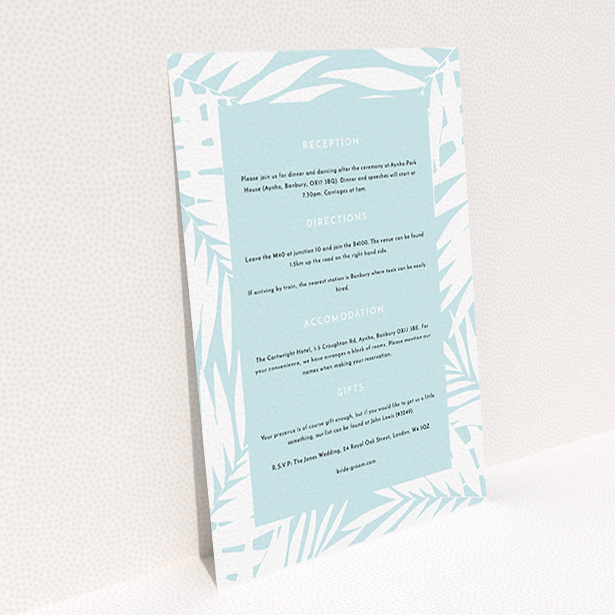 A wedding info sheet design called "Pastel Jungle". It is an A6 card in a portrait orientation. "Pastel Jungle" is available as a flat card, with tones of blue and white.