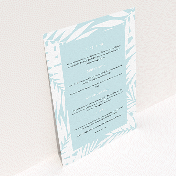 A wedding info sheet design called "Pastel Jungle". It is an A6 card in a portrait orientation. "Pastel Jungle" is available as a flat card, with tones of blue and white.