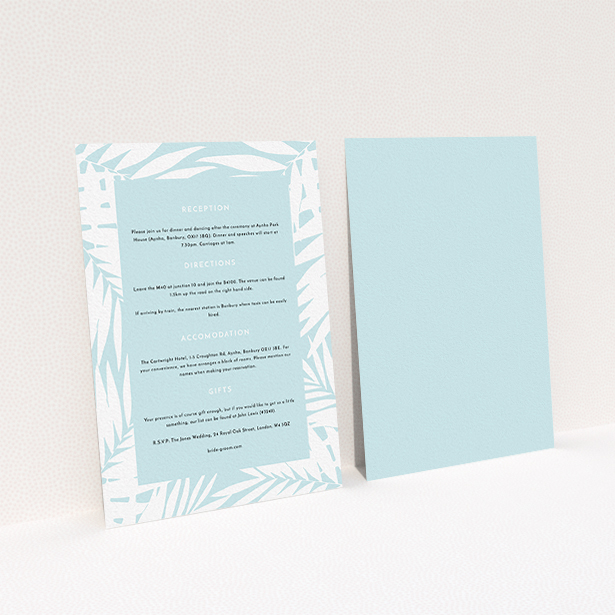 A wedding info sheet design called "Pastel Jungle". It is an A6 card in a portrait orientation. "Pastel Jungle" is available as a flat card, with tones of blue and white.