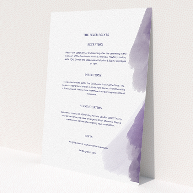A wedding info sheet design titled 'Purple halftone'. It is an A6 card in a portrait orientation. 'Purple halftone' is available as a flat card, with tones of white and purple.