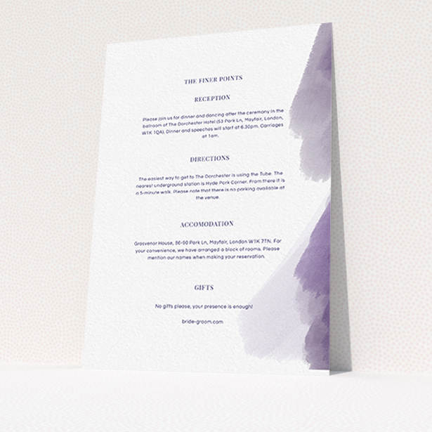 A wedding info sheet design titled "Purple halftone". It is an A6 card in a portrait orientation. "Purple halftone" is available as a flat card, with tones of white and purple.