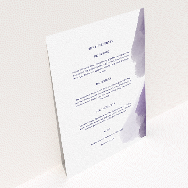 A wedding info sheet design titled "Purple halftone". It is an A6 card in a portrait orientation. "Purple halftone" is available as a flat card, with tones of white and purple.