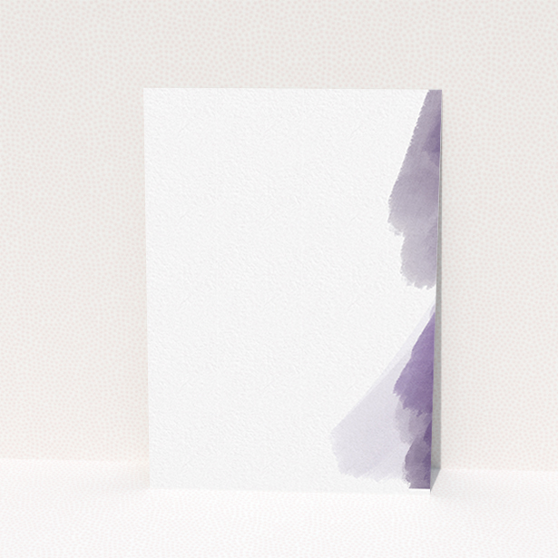 A wedding info sheet design titled "Purple halftone". It is an A6 card in a portrait orientation. "Purple halftone" is available as a flat card, with tones of white and purple.