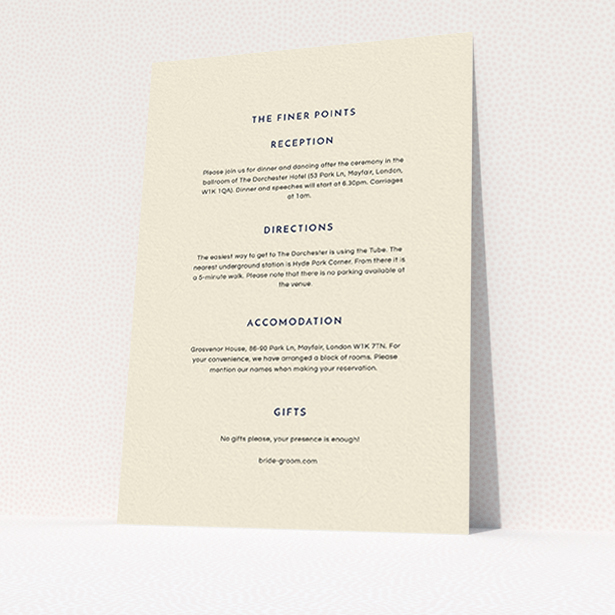 A wedding info sheet named "Simple lines". It is an A6 card in a portrait orientation. "Simple lines" is available as a flat card, with mainly cream colouring.