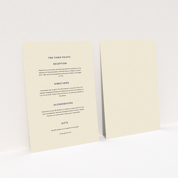 A wedding info sheet named "Simple lines". It is an A6 card in a portrait orientation. "Simple lines" is available as a flat card, with mainly cream colouring.
