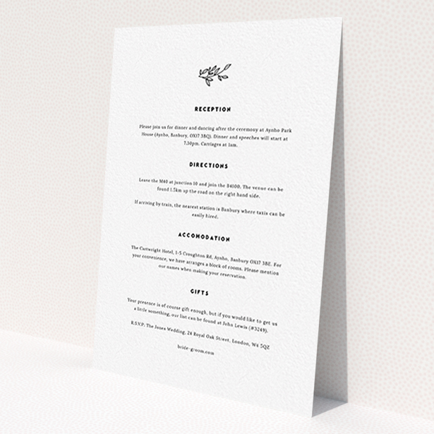 A wedding info sheet template titled 'Simple Wreath'. It is an A6 card in a portrait orientation. 'Simple Wreath' is available as a flat card, with mainly white colouring.