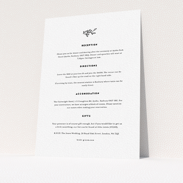 A wedding info sheet template titled "Simple Wreath". It is an A6 card in a portrait orientation. "Simple Wreath" is available as a flat card, with mainly white colouring.