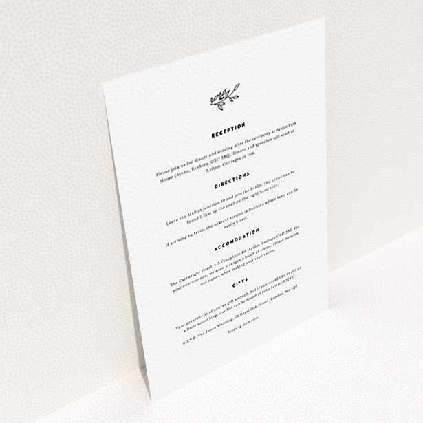 A wedding info sheet template titled "Simple Wreath". It is an A6 card in a portrait orientation. "Simple Wreath" is available as a flat card, with mainly white colouring.