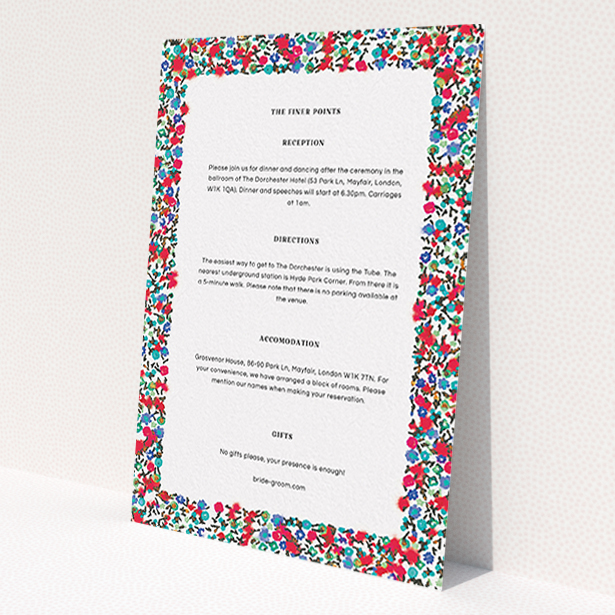A wedding info sheet named 'Summer from a distance'. It is an A6 card in a portrait orientation. 'Summer from a distance' is available as a flat card, with mainly red colouring.