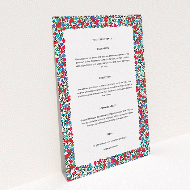 A wedding info sheet named "Summer from a distance". It is an A6 card in a portrait orientation. "Summer from a distance" is available as a flat card, with mainly red colouring.