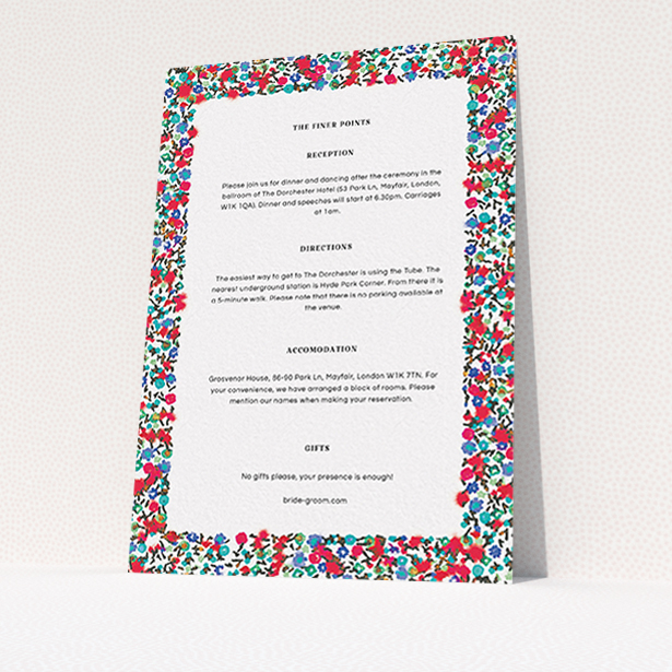 A wedding info sheet named "Summer from a distance". It is an A6 card in a portrait orientation. "Summer from a distance" is available as a flat card, with mainly red colouring.