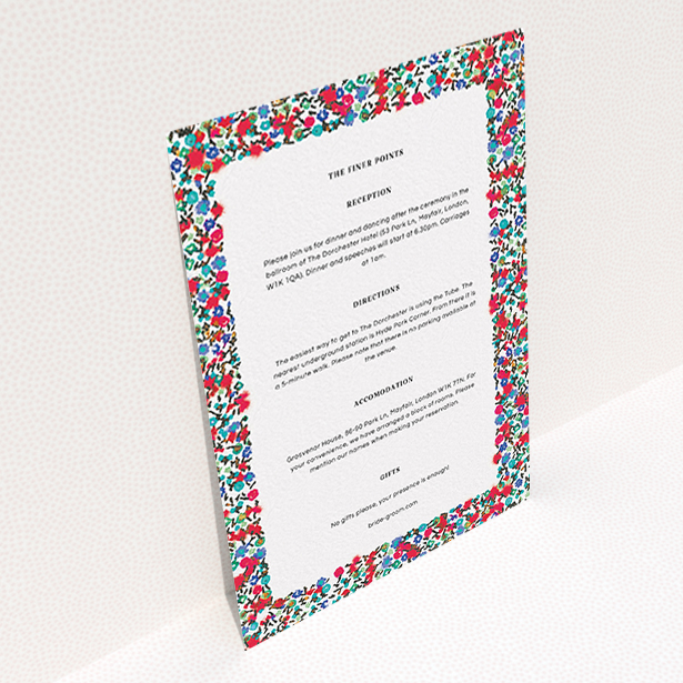 A wedding info sheet named "Summer from a distance". It is an A6 card in a portrait orientation. "Summer from a distance" is available as a flat card, with mainly red colouring.