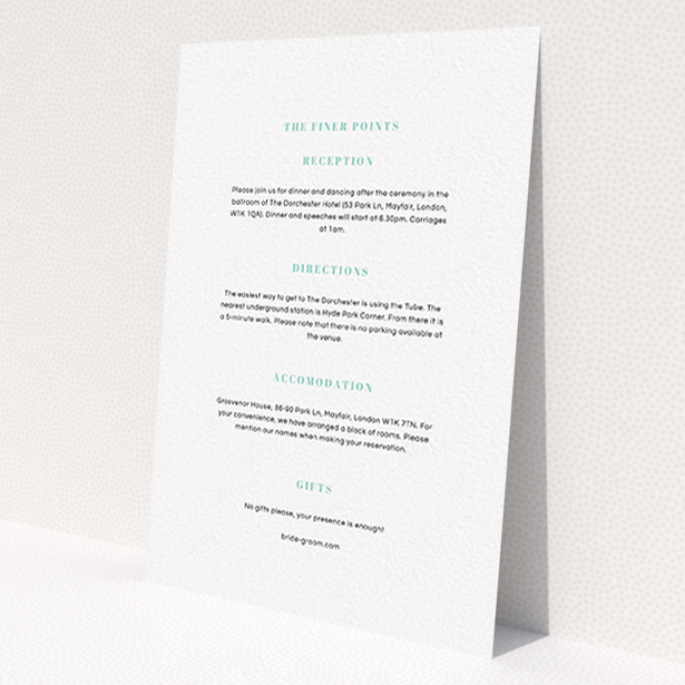 A wedding info sheet design called 'Take on the sides'. It is an A6 card in a portrait orientation. 'Take on the sides' is available as a flat card, with mainly white colouring.