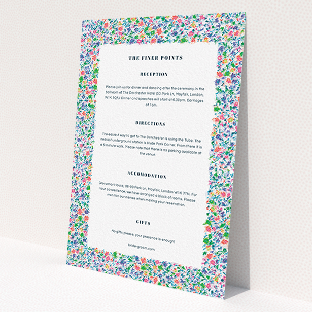 A wedding info sheet named 'The faraway garden'. It is an A6 card in a portrait orientation. 'The faraway garden' is available as a flat card, with mainly blue colouring.
