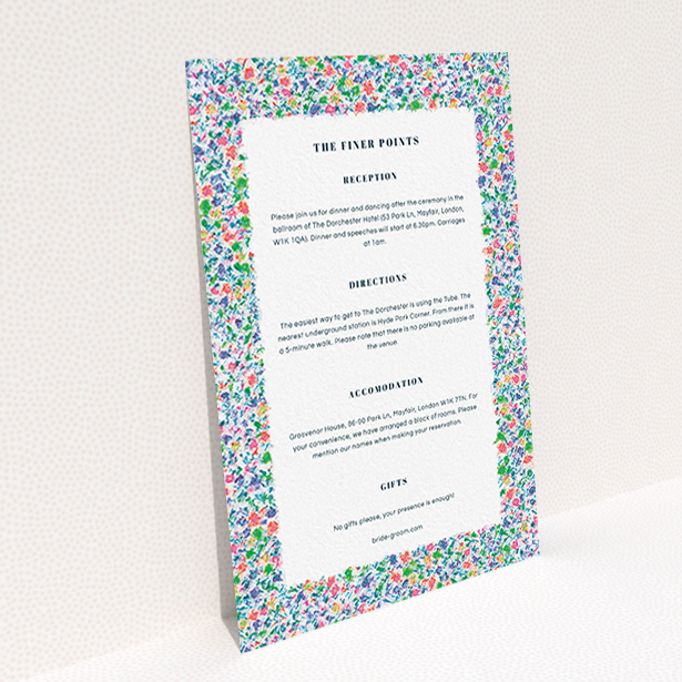 A wedding info sheet named "The faraway garden". It is an A6 card in a portrait orientation. "The faraway garden" is available as a flat card, with mainly blue colouring.