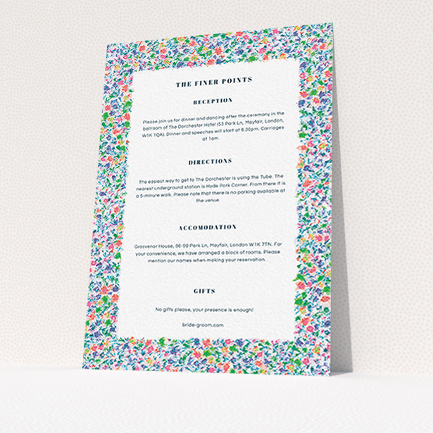 A wedding info sheet named "The faraway garden". It is an A6 card in a portrait orientation. "The faraway garden" is available as a flat card, with mainly blue colouring.
