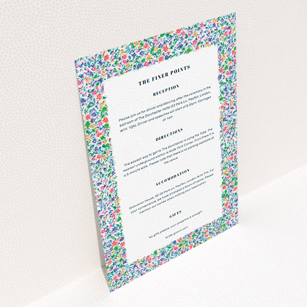 A wedding info sheet named "The faraway garden". It is an A6 card in a portrait orientation. "The faraway garden" is available as a flat card, with mainly blue colouring.