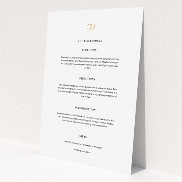 A wedding info sheet called 'The newlyweds'. It is an A6 card in a portrait orientation. 'The newlyweds' is available as a flat card, with mainly white colouring.