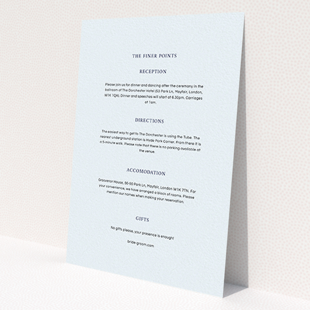 A wedding info sheet named 'To the left'. It is an A6 card in a portrait orientation. 'To the left' is available as a flat card, with mainly light blue colouring.