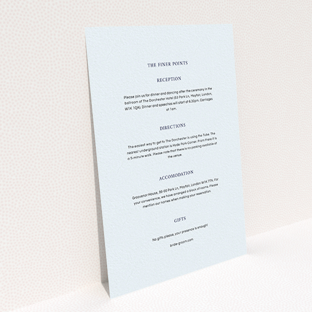 A wedding info sheet named "To the left". It is an A6 card in a portrait orientation. "To the left" is available as a flat card, with mainly light blue colouring.