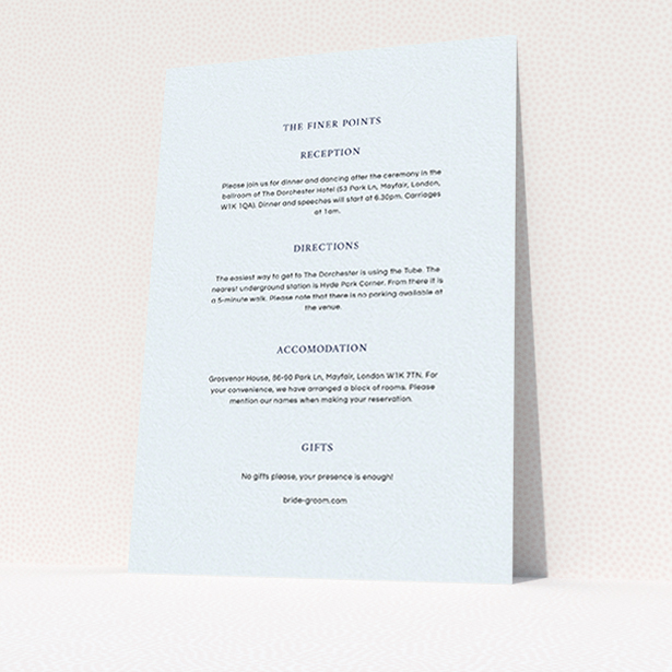 A wedding info sheet named "To the left". It is an A6 card in a portrait orientation. "To the left" is available as a flat card, with mainly light blue colouring.
