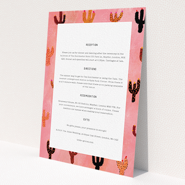 A wedding information sheet named 'Albuquerque'. It is an A6 card in a portrait orientation. 'Albuquerque' is available as a flat card, with tones of dark pink and orange.