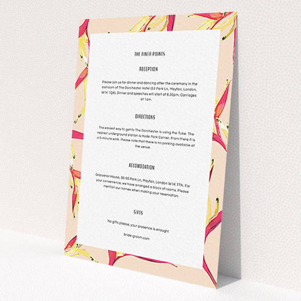 A wedding information sheet template titled 'Birds of paradise'. It is an A6 card in a portrait orientation. 'Birds of paradise' is available as a flat card, with tones of light cream and red.