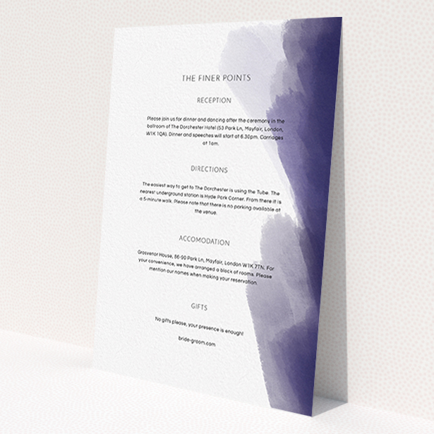A wedding information sheet design called 'Blue and Cream'. It is an A6 card in a portrait orientation. 'Blue and Cream' is available as a flat card, with tones of blue and white.
