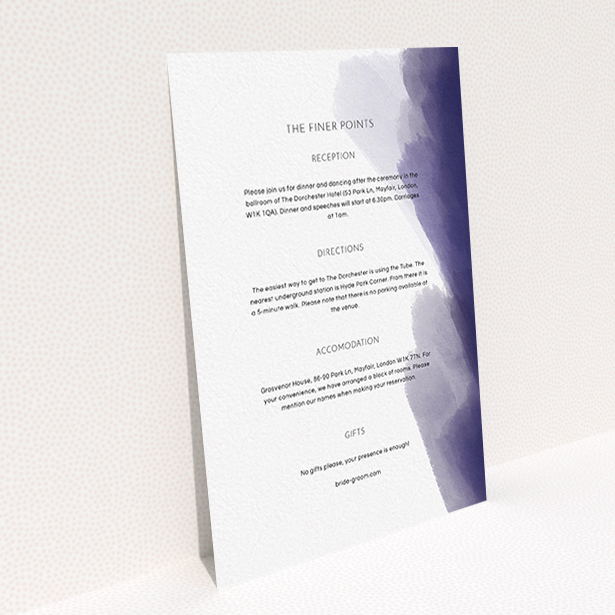 A wedding information sheet design called "Blue and Cream". It is an A6 card in a portrait orientation. "Blue and Cream" is available as a flat card, with tones of blue and white.
