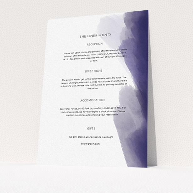 A wedding information sheet design called "Blue and Cream". It is an A6 card in a portrait orientation. "Blue and Cream" is available as a flat card, with tones of blue and white.