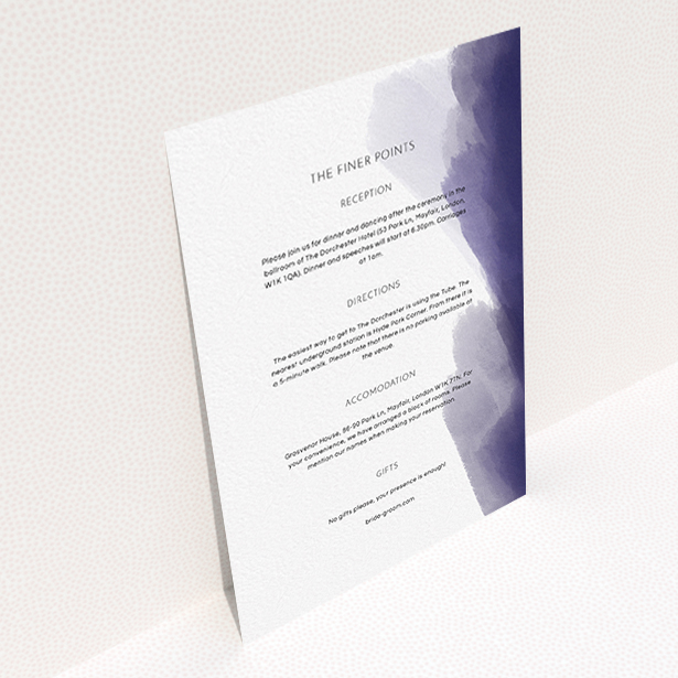 A wedding information sheet design called "Blue and Cream". It is an A6 card in a portrait orientation. "Blue and Cream" is available as a flat card, with tones of blue and white.