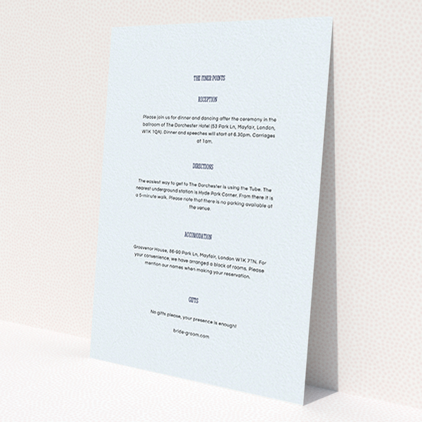 A wedding information sheet design named 'Bold border'. It is an A6 card in a portrait orientation. 'Bold border' is available as a flat card, with mainly light blue colouring.