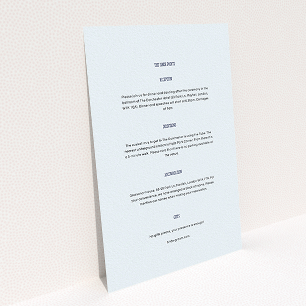 A wedding information sheet design named "Bold border". It is an A6 card in a portrait orientation. "Bold border" is available as a flat card, with mainly light blue colouring.