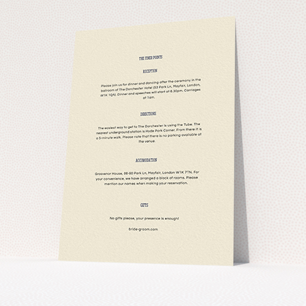 A wedding information sheet named "Bold border". It is an A6 card in a portrait orientation. "Bold border" is available as a flat card, with mainly cream colouring.