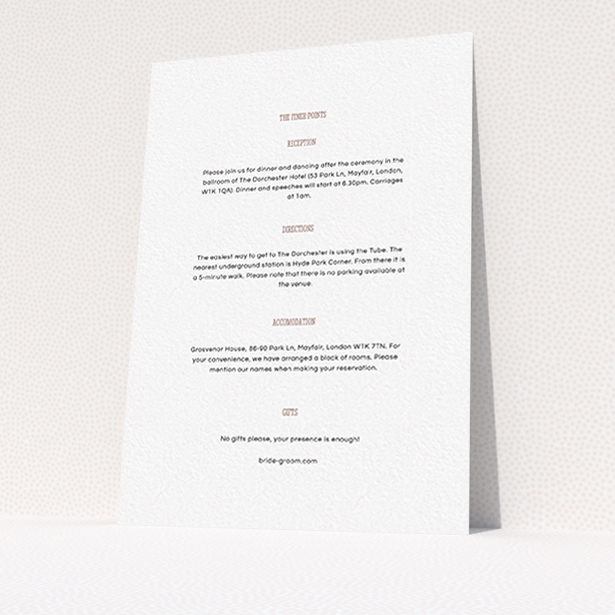 A wedding information sheet called "Bold border". It is an A6 card in a portrait orientation. "Bold border" is available as a flat card, with mainly white colouring.