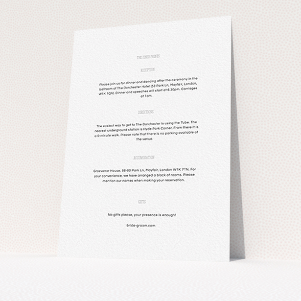A wedding information sheet design called "Bold border". It is an A6 card in a portrait orientation. "Bold border" is available as a flat card, with mainly white colouring.