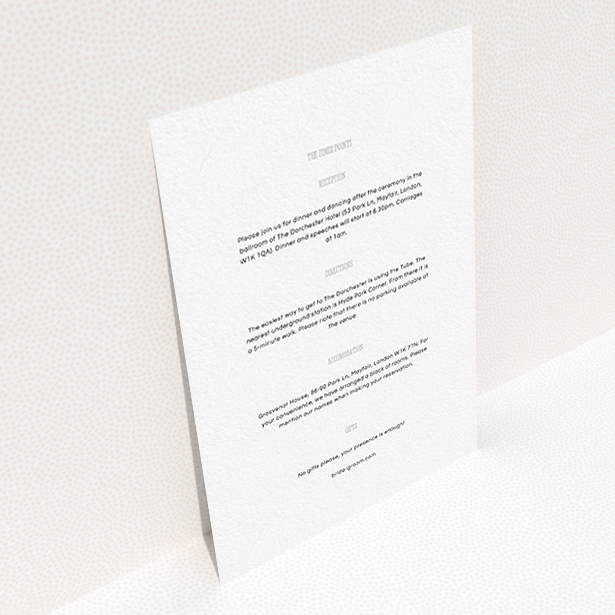 A wedding information sheet design called "Bold border". It is an A6 card in a portrait orientation. "Bold border" is available as a flat card, with mainly white colouring.