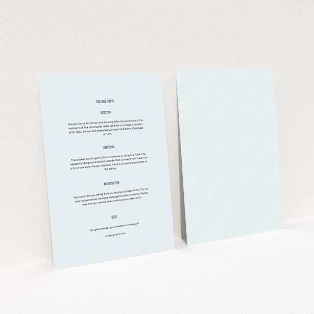 A wedding information sheet design named "Bold border". It is an A6 card in a portrait orientation. "Bold border" is available as a flat card, with mainly light blue colouring.