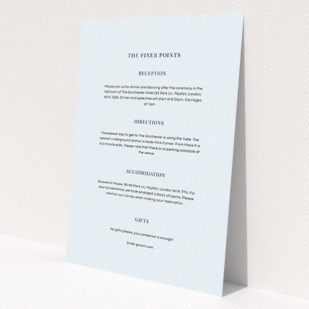 A wedding information sheet design named 'Bullet point'. It is an A6 card in a portrait orientation. 'Bullet point' is available as a flat card, with mainly light blue colouring.