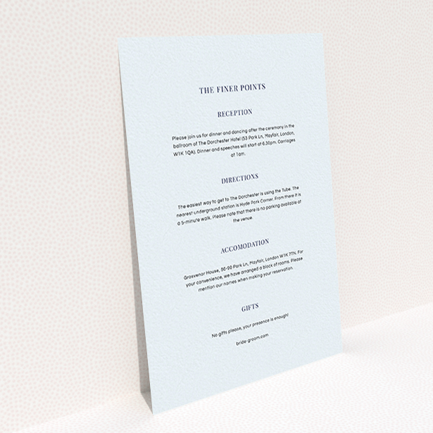 A wedding information sheet design named "Bullet point". It is an A6 card in a portrait orientation. "Bullet point" is available as a flat card, with mainly light blue colouring.